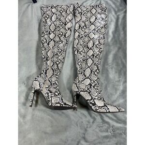 THALIA SODI Womens Gray Snake Print Thigh High Stiletto Zip-Up Boots Size 8